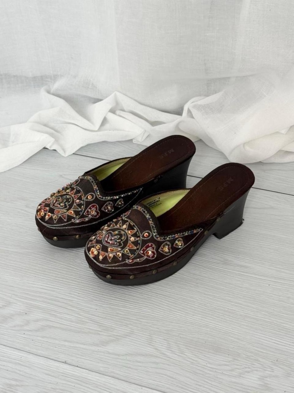✧ M.R.S. brown beaded platform clog mules ✧